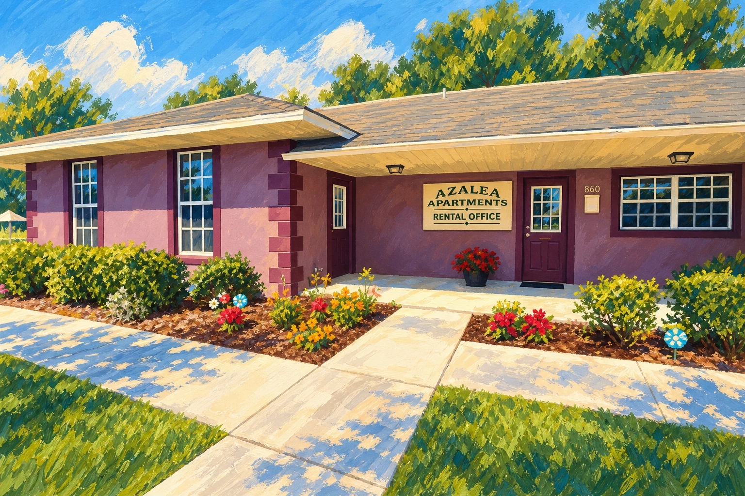 Painted illustration of the Azalea Apartments rental office in Bowling Green.