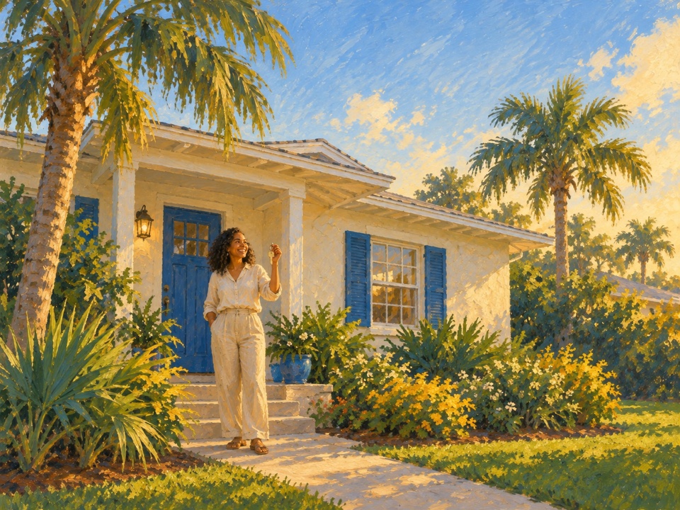 Painted illustration of a woman outside a Florida home.