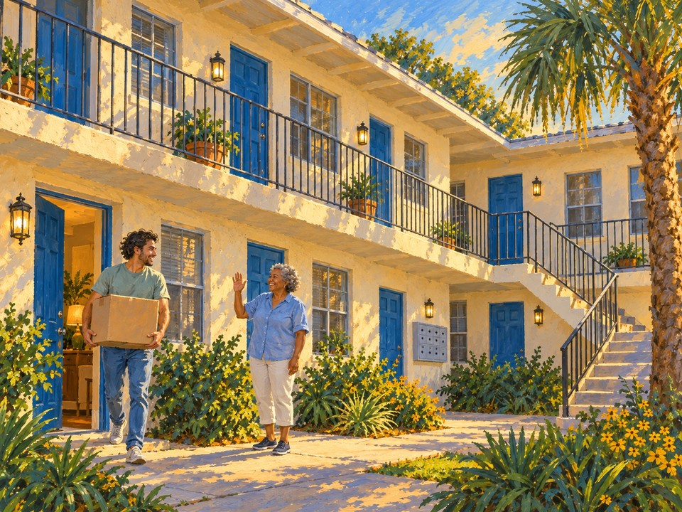 Illustration of neighbors greeting one another at an apartment community.